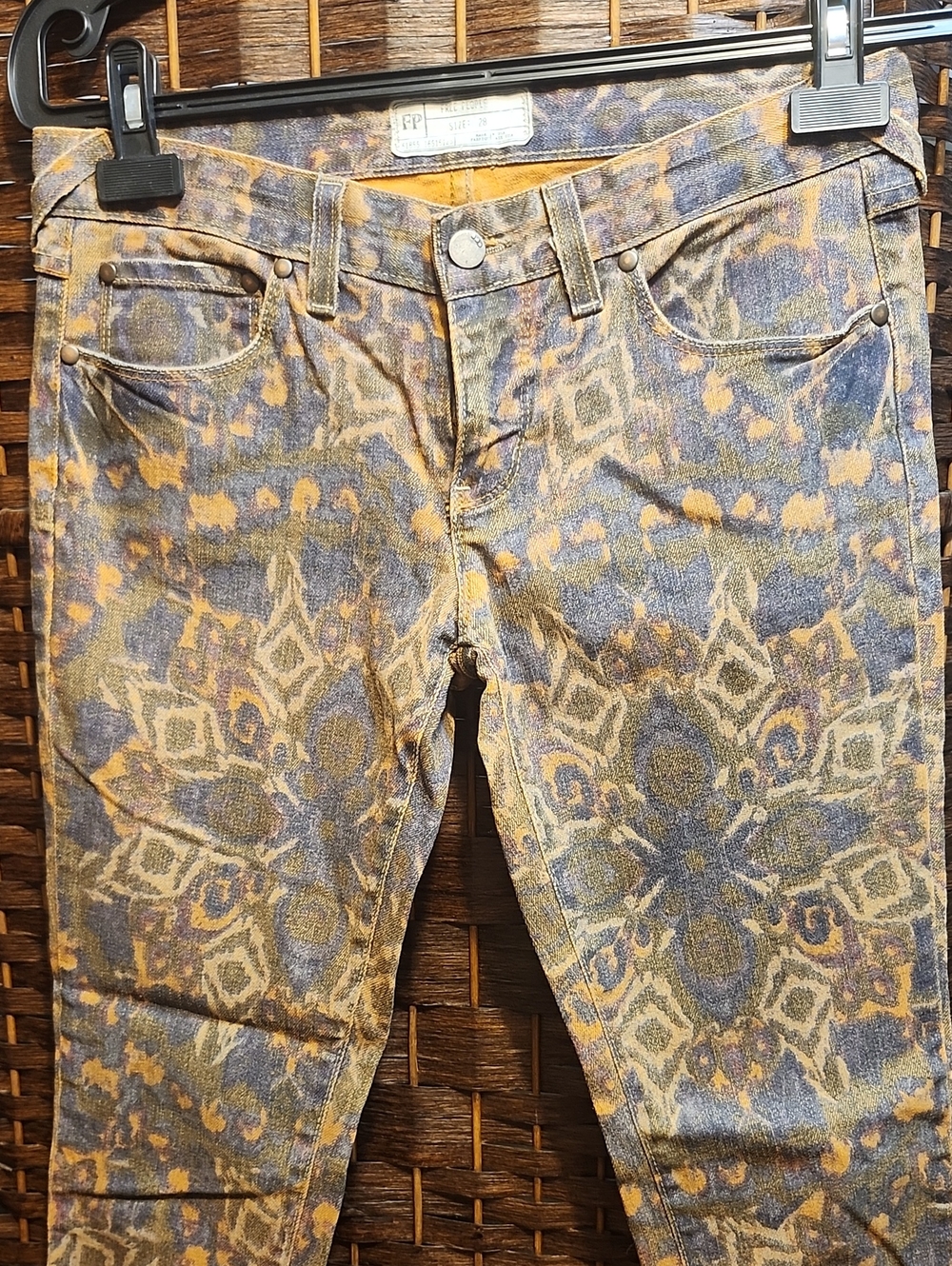 Free People Indigo and Mustard Patterned Skinny Jeans